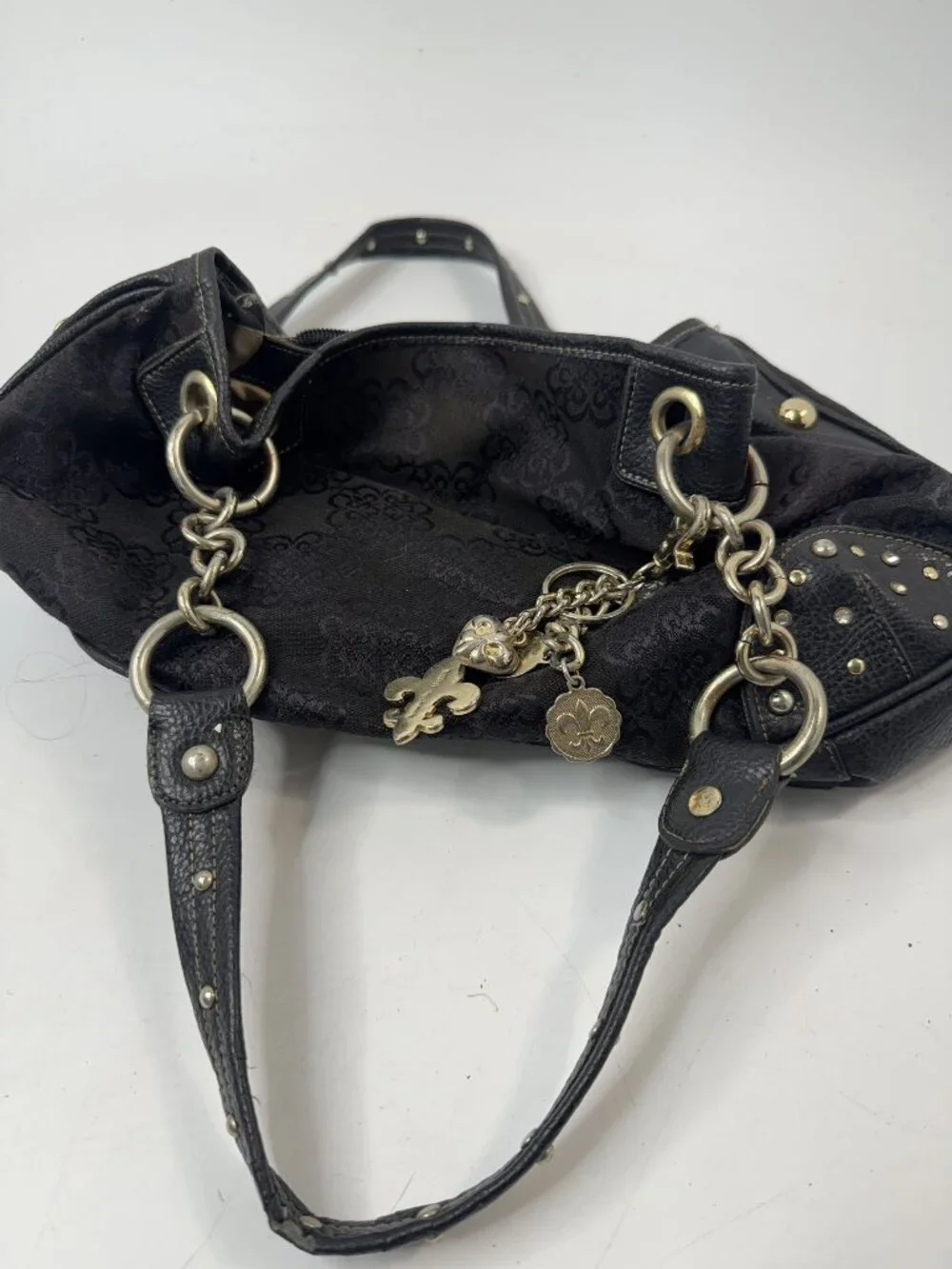 Kathy Van Zeeland Black Shoulder Bag With Chain Accents & Fleur De Lis Pattern